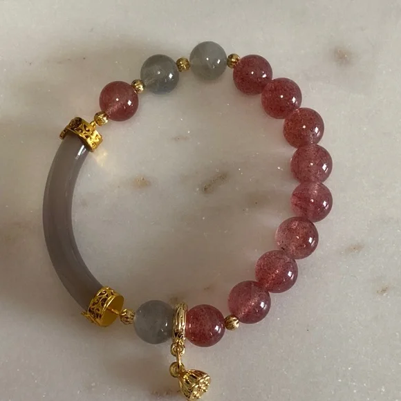 Agate Bangle & Strawberry Quartz Bracelet | Pink Crystal Hybrid Luxe ✨ - Picture 7 of 9